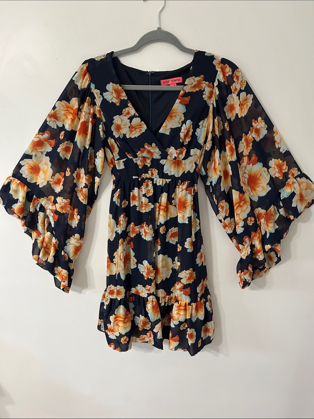 Betsey Johnson Dress Navy Garden Floral Mini Drama Bell Sleeves Fit and Flare - Picture 1 of 16